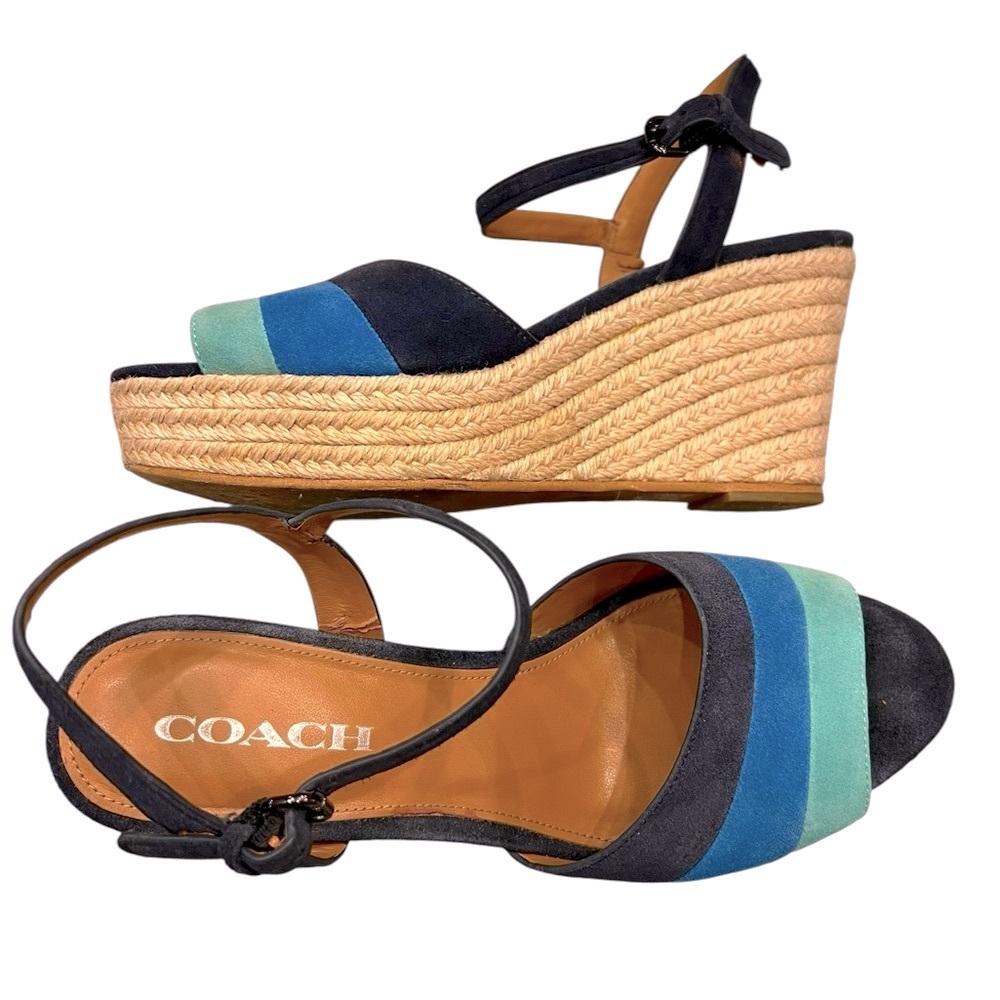 COACH Farren Suede wedge espadrille sandals. 💙🩵💚
